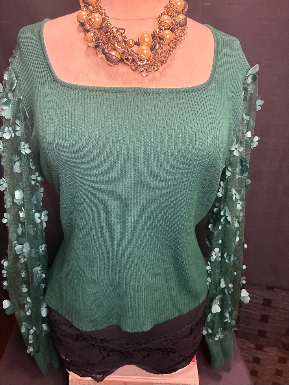 No Boundaries Green Ribbed Long Sleeve Top with Floral Appliqué Sleeves